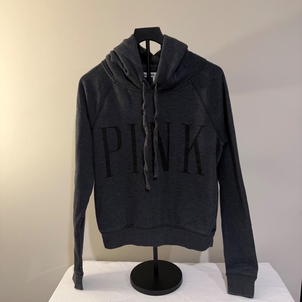 Victorias Secret PINK Pullover Hoodie Charcoal Gray Logo Sweatshirt Medium